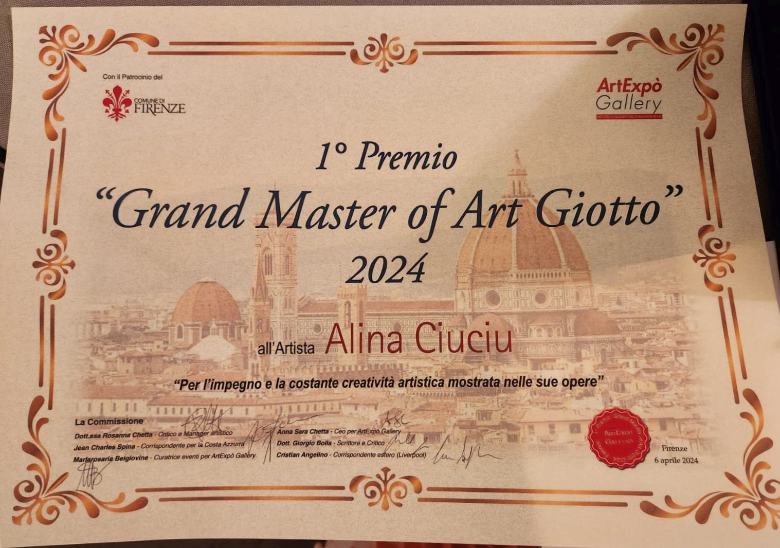 ArteDiAlina.com award: 1° Premio "Grand Master of Art Giotto" 2024