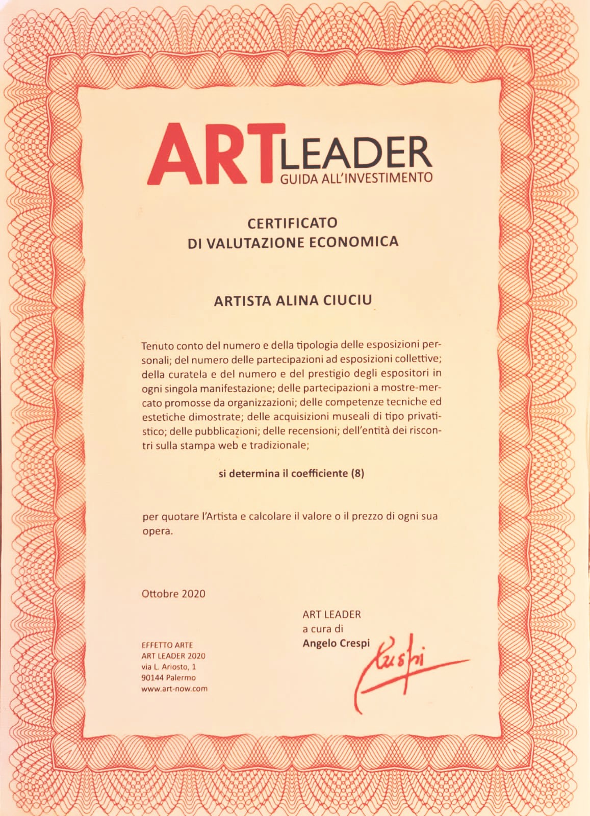 ArteDiAlina.com award: Art Leader 2020 - Certificato Coefficiente dell\'artista