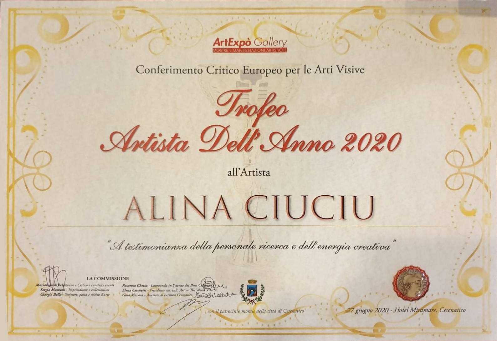 ArteDiAlina.com award: Trofeo Artista Dell\'Anno 2020