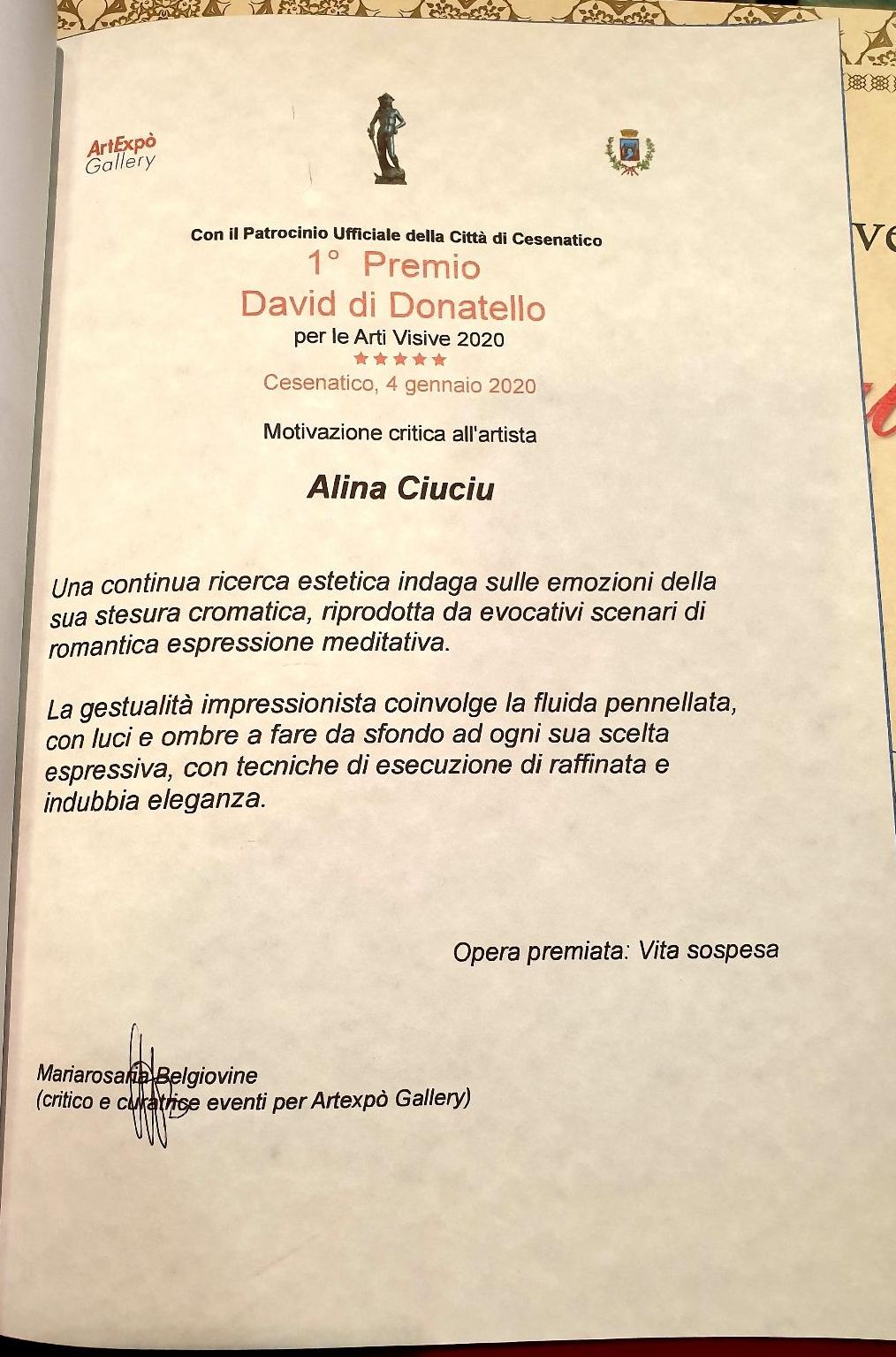 ArteDiAlina.com award: David di Donatello 2020 - 1° Premio - &ldquo;Vita sospesa&rdquo;