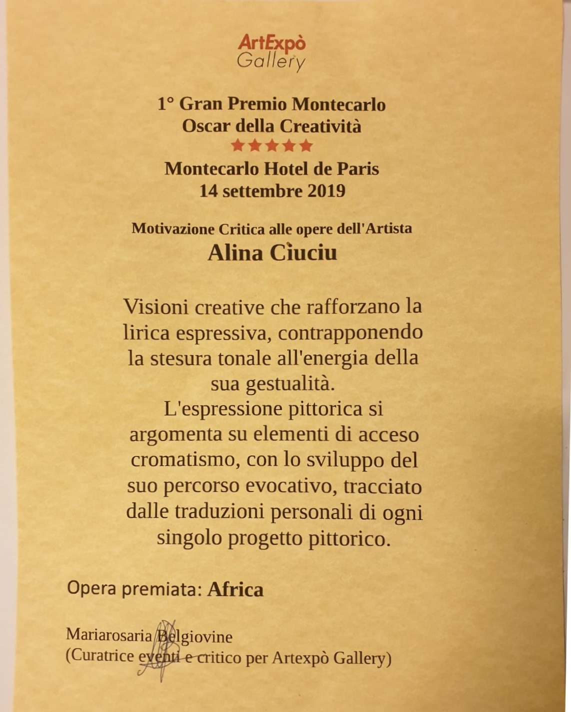 ArteDiAlina.com award: Oscar della Creatività 2019 - &ldquo;Africa&rdquo;