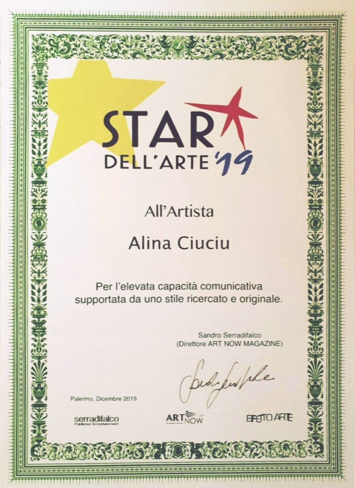 ArteDiAlina.com award: Star Dell\'Arte \'19